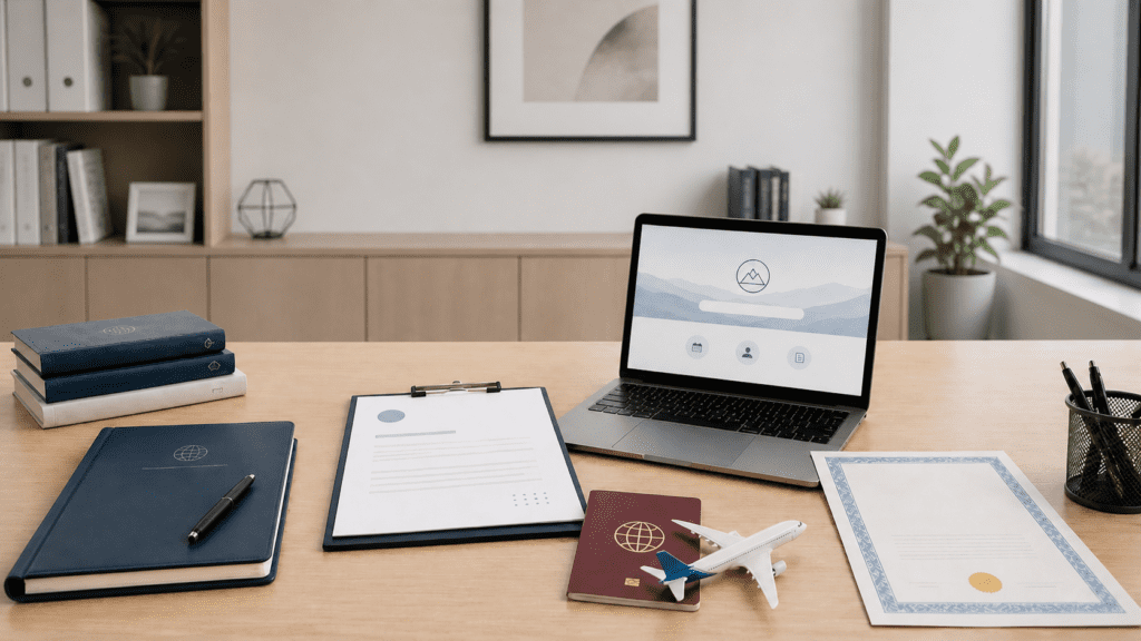 Modern workspace featuring a laptop with travel-related software on the screen, accompanied by a passport, airplane model, clipboard with documents, and neatly stacked notebooks. The setting reflects a professional environment ideal for travel planning or business management.
