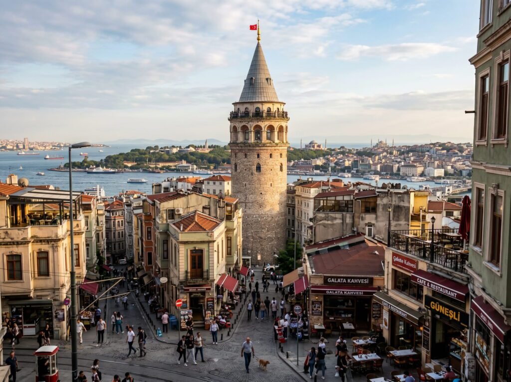View of the Galata Tower in Istanbul, surrounded by historic buildings and bustling streets, with the Bosphorus in the background and people enjoying outdoor cafes.