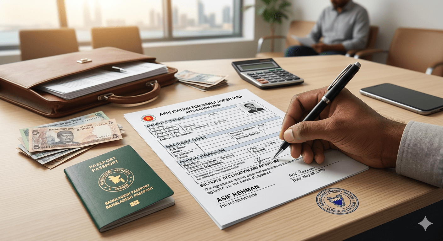 A person filling out a Bangladesh visa application form on a wooden table, accompanied by a green Bangladesh passport, currency notes, a calculator, and a leather briefcase. The scene captures the process of preparing for international travel, highlighting essential documents and financial considerations.