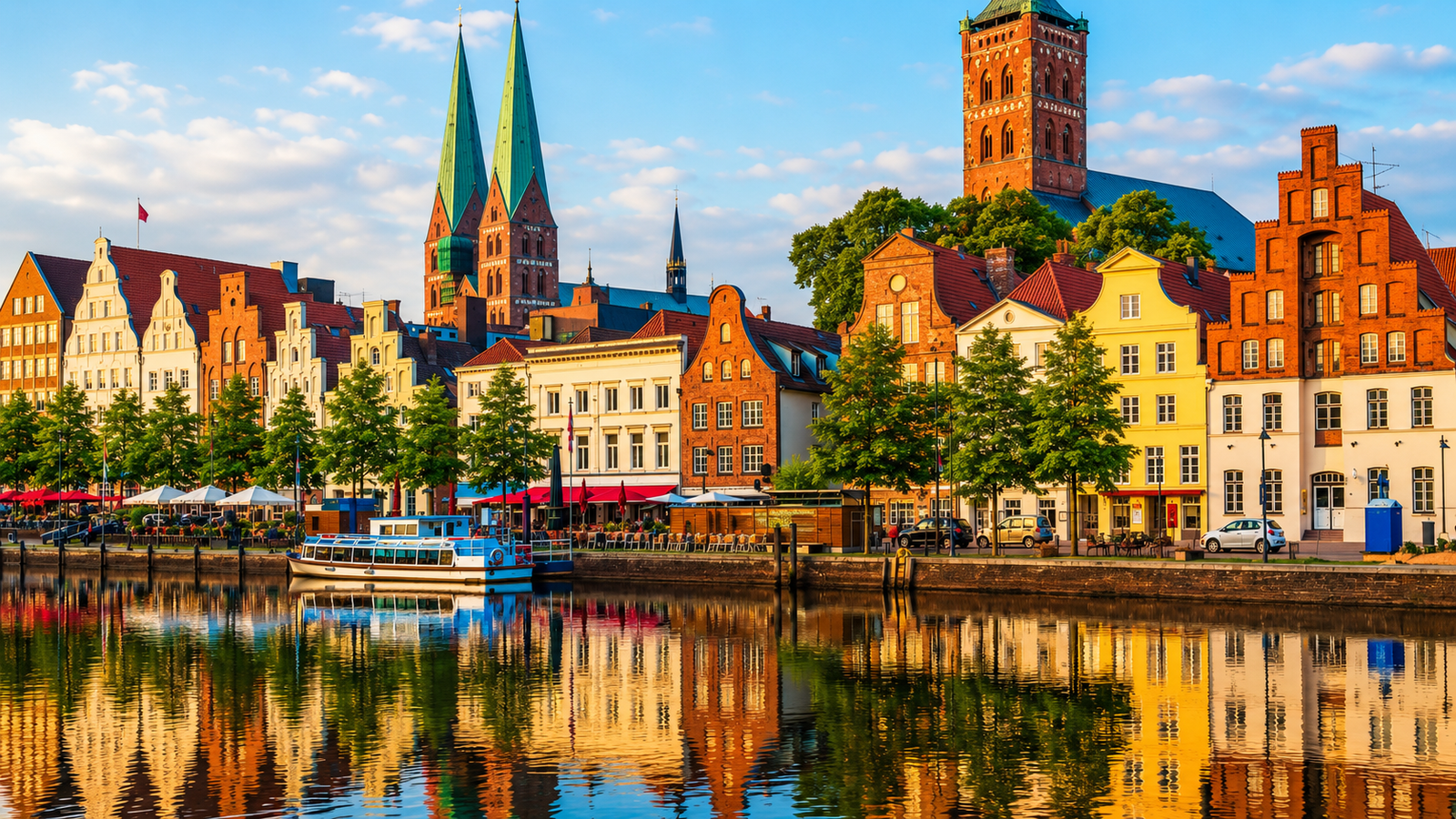 Scenic view of Lübeck's historic waterfront with colorful medieval buildings, green trees, and a reflection in the water, featuring iconic church towers under a clear blue sky.