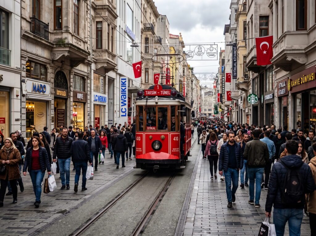 Crowded Istiklal Street in Istanbul featuring a historic red tram, shops, and Turkish flags, showcasing the vibrant urban atmosphere and popular shopping destination.