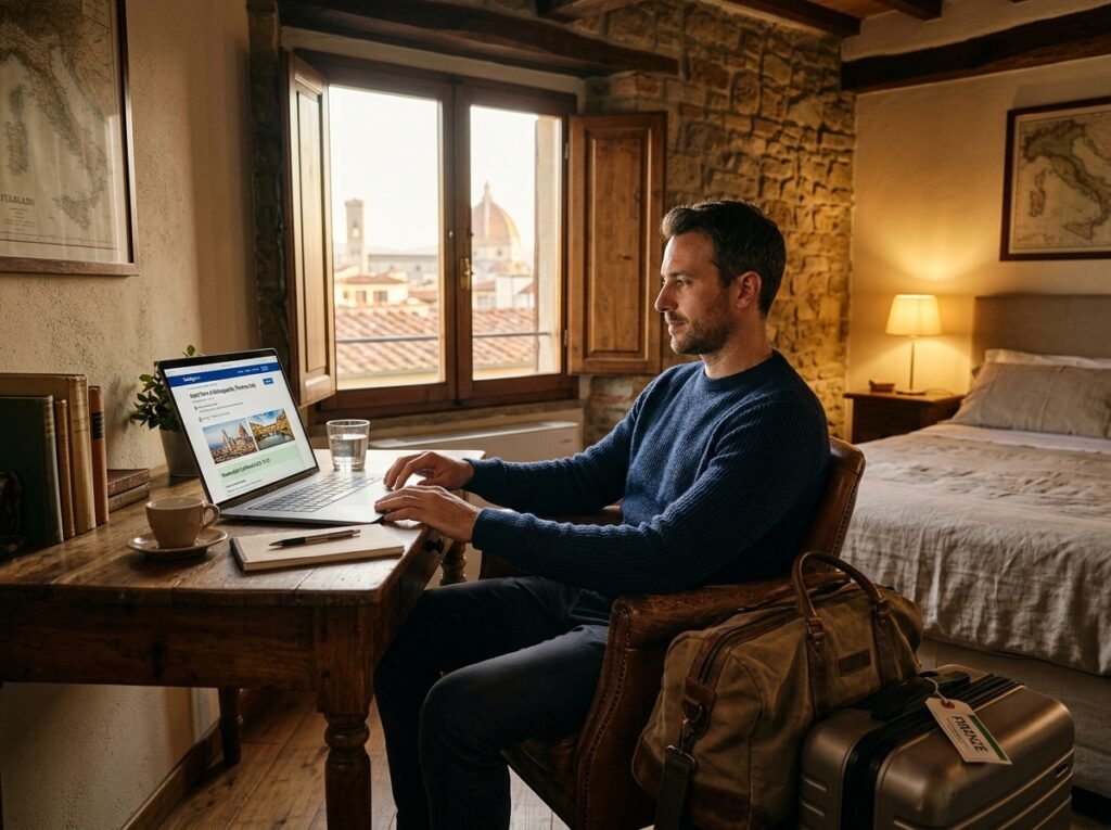 A man working on a laptop at a wooden desk in a cozy room with stone walls, featuring a view of an Italian cityscape through open windows. A cup of coffee, a notebook, and a water glass are on the desk, while a travel bag and suitcase are nearby.