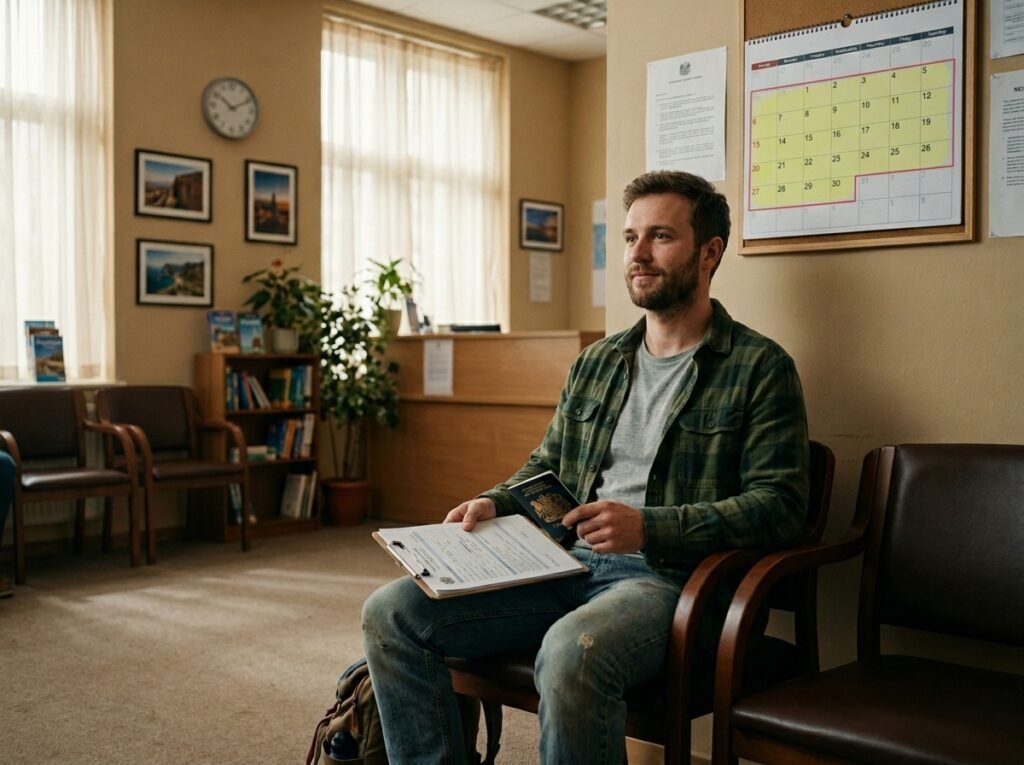 Man sitting in a waiting area holding a clipboard and passport, surrounded by plants and informational brochures, with a calendar and clock visible in the background.