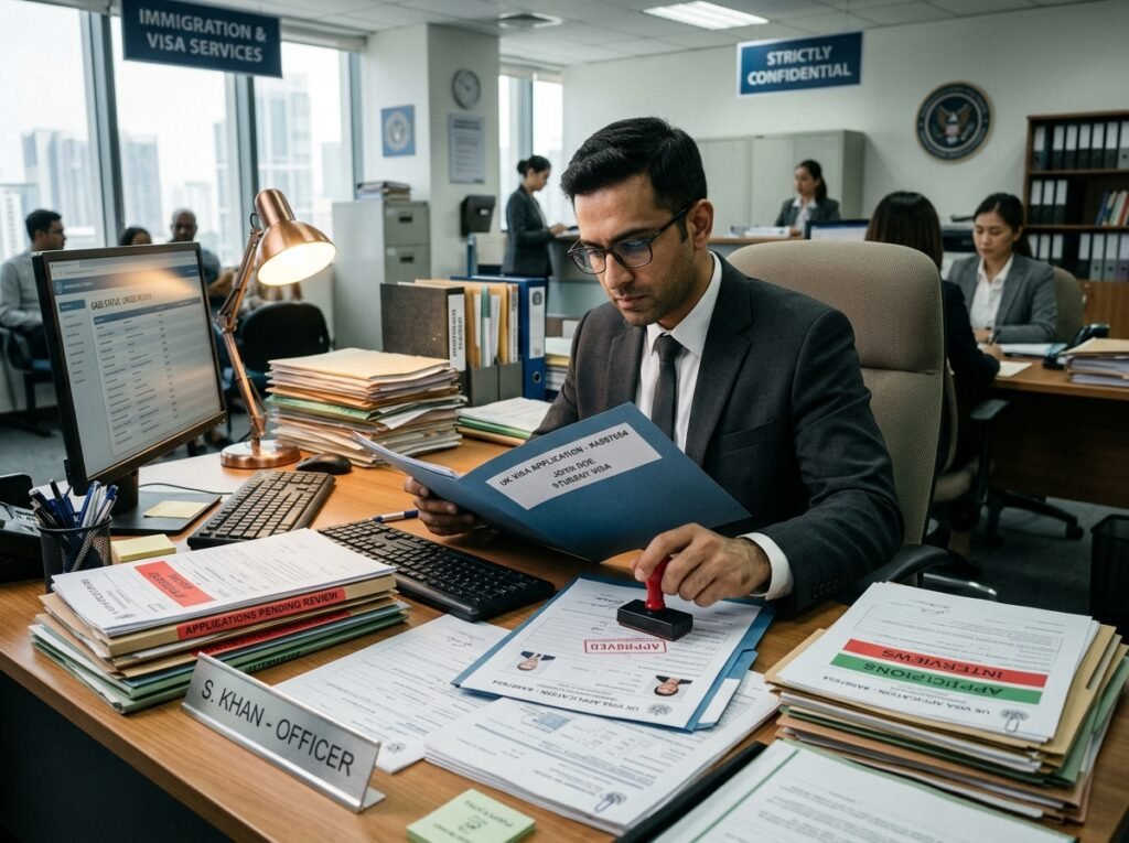 Immigration officer reviewing a UK visa application at his desk, surrounded by stacks of paperwork, a computer monitor displaying data, and colleagues in the background, in a professional office setting.