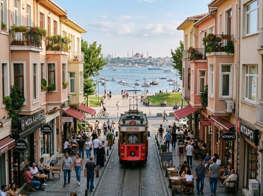 Bustling street in Istanbul featuring a vintage red tram, cafes, and shops. People walk along the promenade by the waterfront, with boats in the bay and historic buildings in the background.