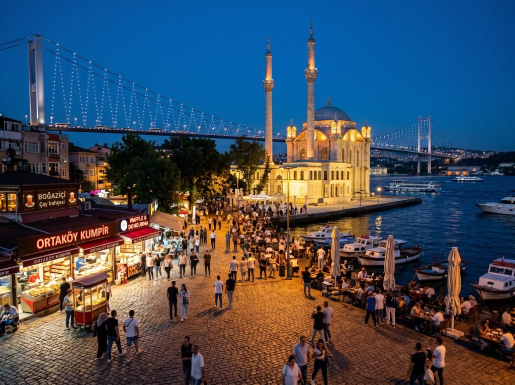 Ortaköy Mosque illuminated at night, with the Bosphorus Bridge in the background. The bustling waterfront features people strolling, food vendors, and boats along the shore, capturing the vibrant atmosphere of Istanbul.