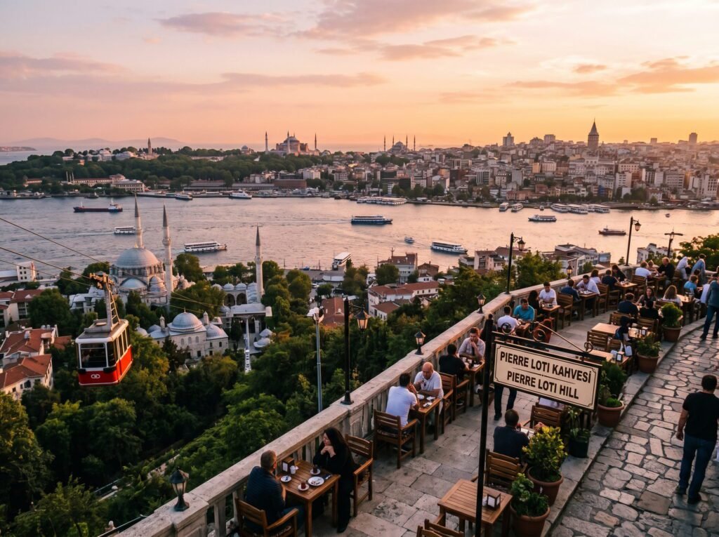 View of Istanbul at sunset from Pierre Loti Hill, featuring a cable car, historic mosques, and vibrant outdoor dining areas along the Golden Horn.