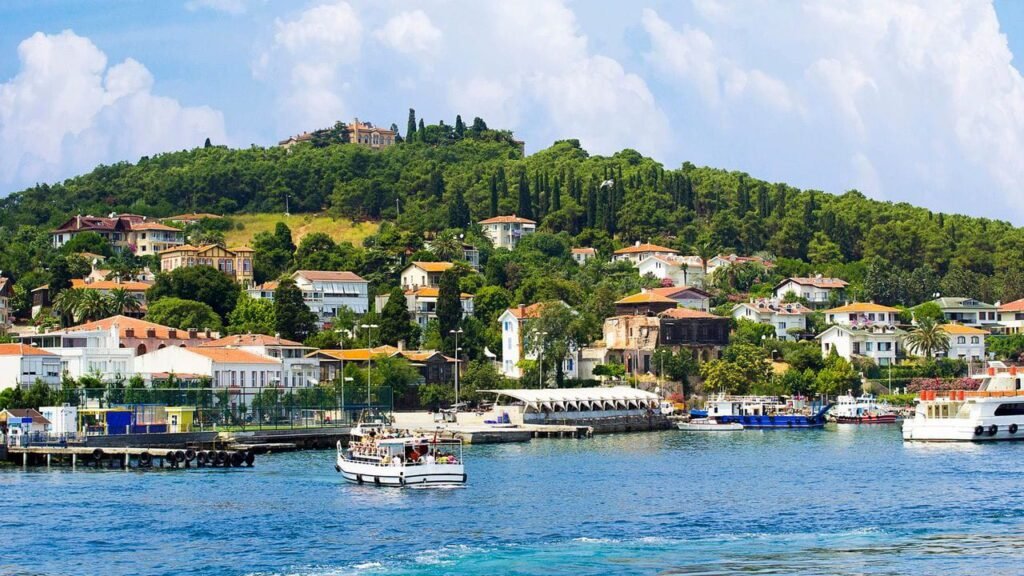 Scenic view of a coastal town with lush green hills, featuring colorful houses, a marina with boats, and a clear blue sky. The image captures the vibrant atmosphere of a seaside destination, ideal for tourism and relaxation.