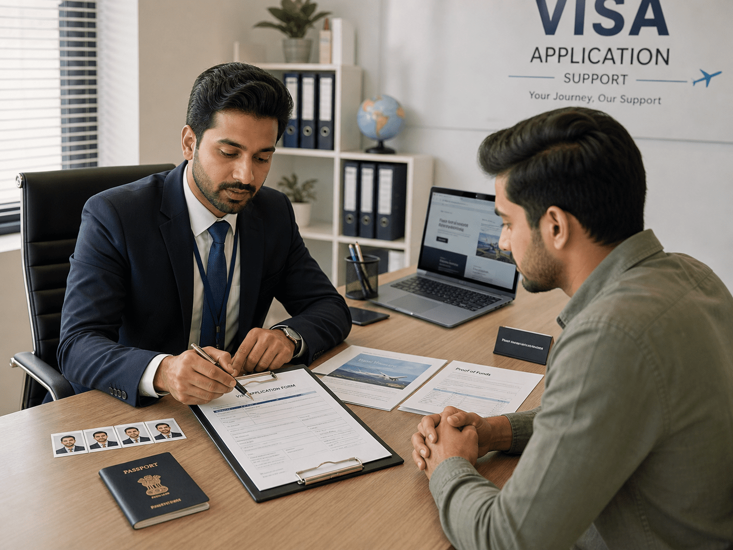 A visa application consultant assists a client in an office setting, reviewing documents and completing forms. The desk features a laptop, passport, and printed materials related to visa support services, highlighting a professional environment focused on travel documentation.