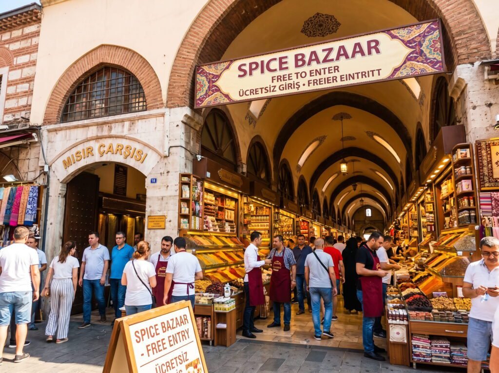 Crowd of visitors exploring the Spice Bazaar, also known as Misir Çarsisi, in Istanbul, featuring vibrant stalls filled with spices, sweets, and local products, under a large sign indicating free entry.