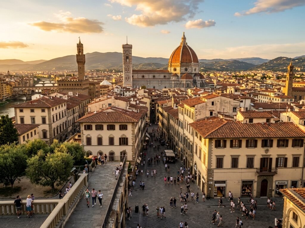 Aerial view of Florence, Italy, showcasing the iconic Florence Cathedral with its distinctive dome, the Palazzo Vecchio, and bustling streets filled with tourists during sunset. The Arno River and distant hills create a picturesque backdrop.