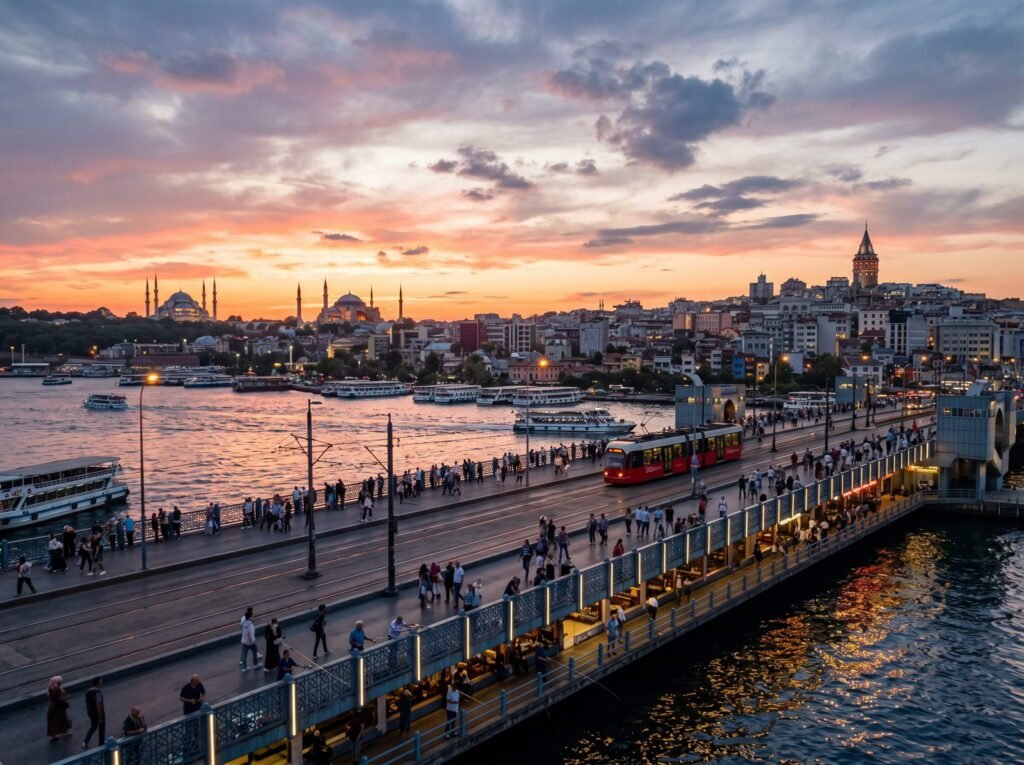 Sunset view of Istanbul featuring the Galata Tower and historic mosques. A tram passes along the busy waterfront promenade, where pedestrians enjoy the scenic landscape and boats are docked in the bay. The sky is painted with vibrant hues of orange and purple, creating a picturesque evening atmosphere.