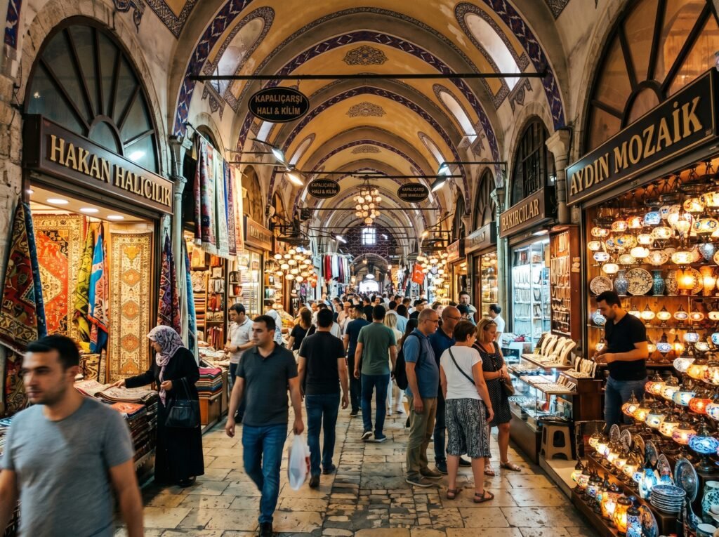 Crowded market street in Istanbul's Grand Bazaar showcasing vibrant shops selling carpets, ceramics, and lanterns, with visitors browsing and interacting with vendors under a beautifully arched ceiling.
