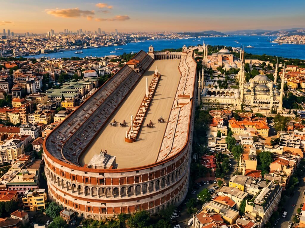 Aerial view of the historic Hippodrome of Constantinople, showcasing its grand architecture and surrounding cityscape, with the Blue Mosque and Hagia Sophia visible in the background against a vibrant sunset over the Bosphorus Strait.