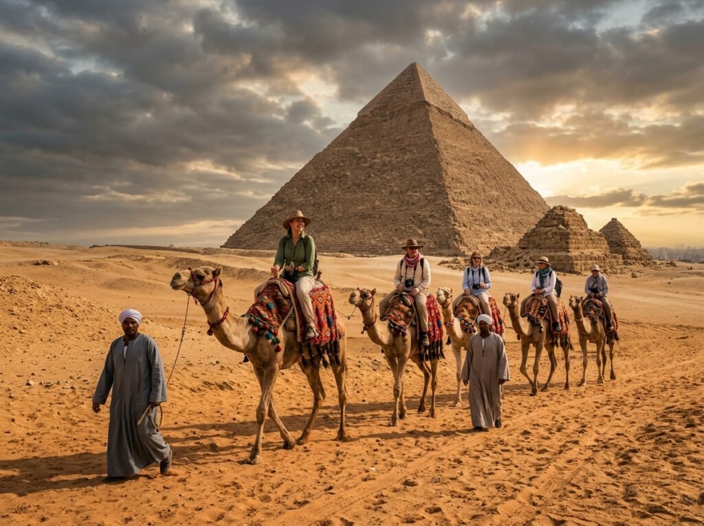 Tourists riding camels in the desert near the Pyramids of Giza, with a local guide leading the group, under a dramatic sky at sunset.