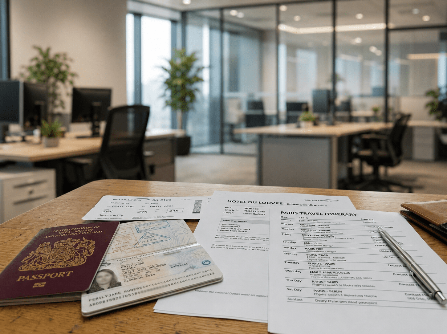 Workspace with travel documents, including a UK passport, boarding passes, and a Paris travel itinerary, set on a wooden desk in a modern office environment.