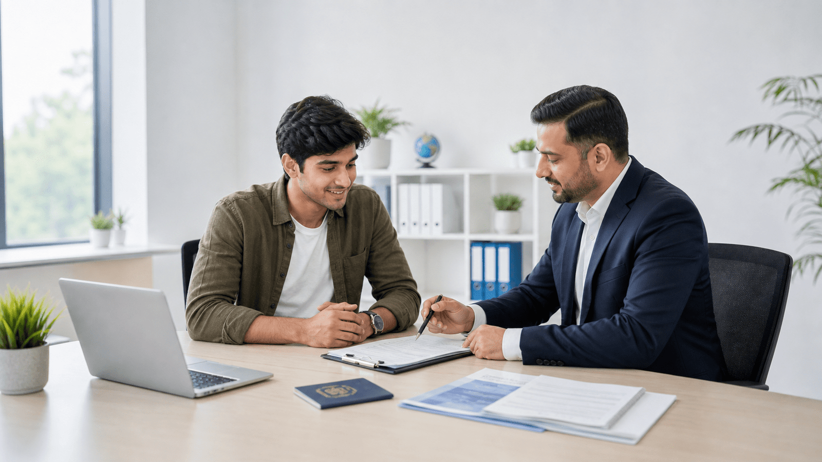 A professional meeting between a young man and a business consultant at a modern office desk, discussing documents with a laptop and a passport visible, emphasizing career advice and planning.