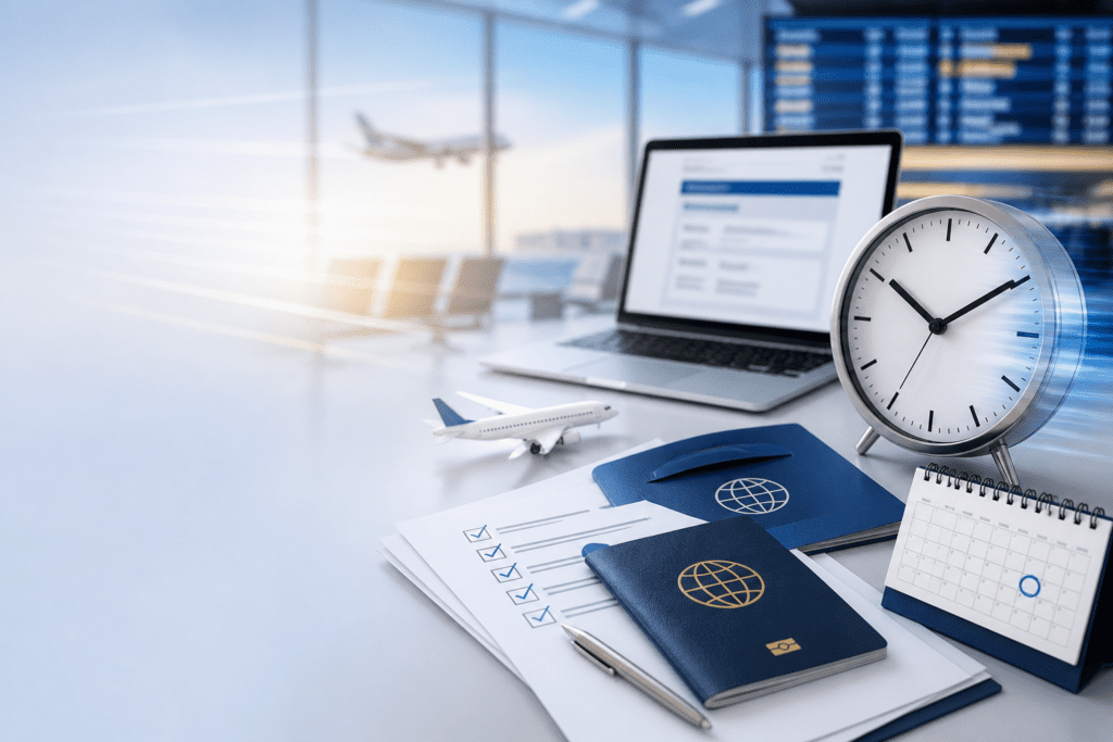 Travel essentials on a desk at an airport, featuring a laptop displaying flight information, a clock, a miniature airplane, passports, a checklist, and a calendar, with airport seating and an airplane visible in the background.