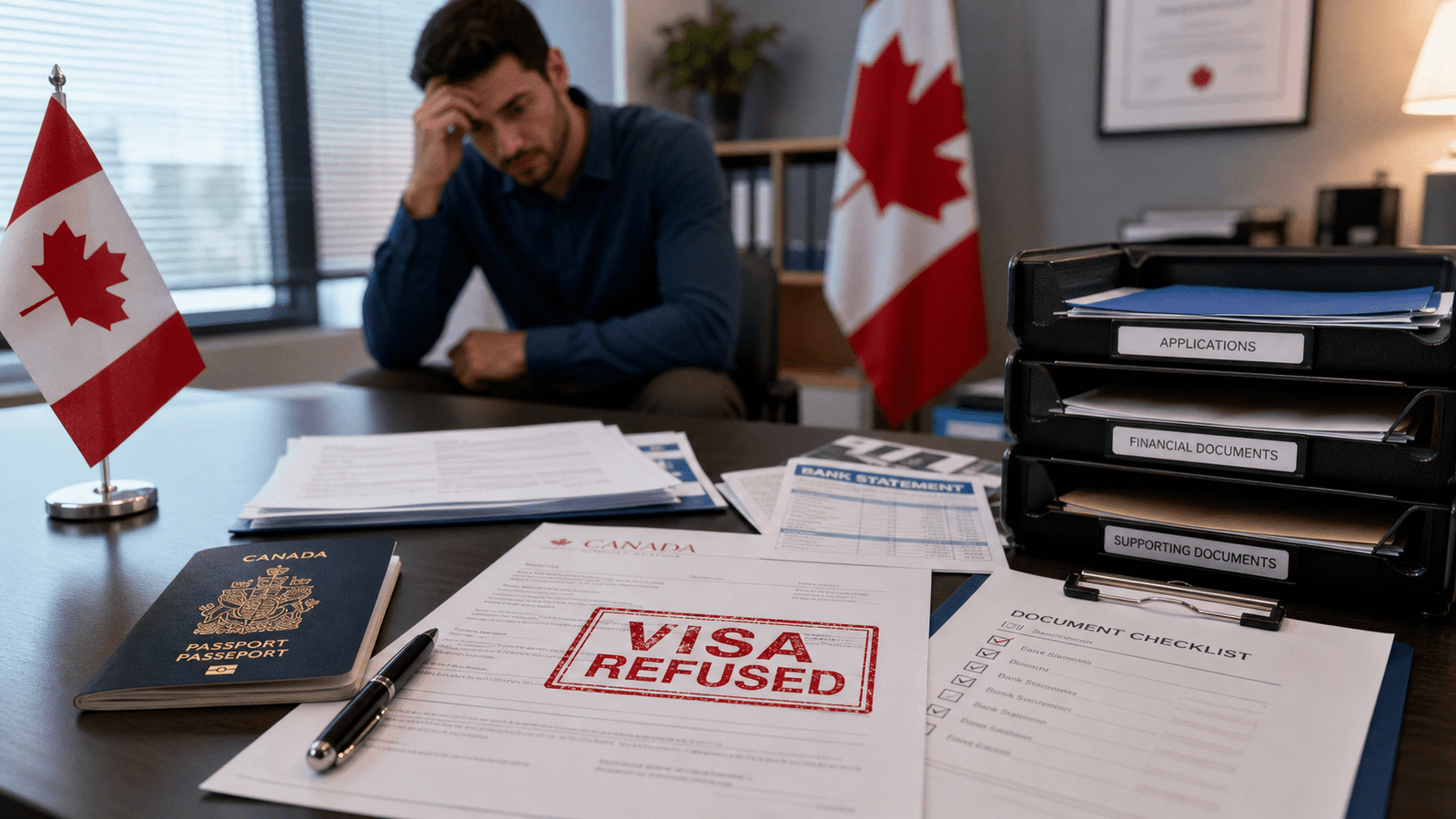 Man looking distressed at a desk filled with immigration documents, including a Canadian passport and a "Visa Refused" notice, alongside a checklist and financial statements, with a Canadian flag in the background.