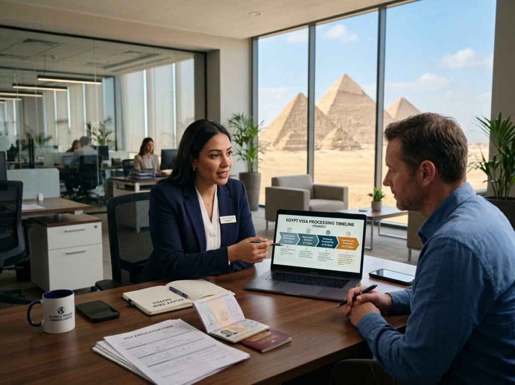Business meeting in an office with pyramids in the background, featuring a consultant explaining the Egypt visa processing timeline to a client using a laptop, while displaying documents and currency on the table.
