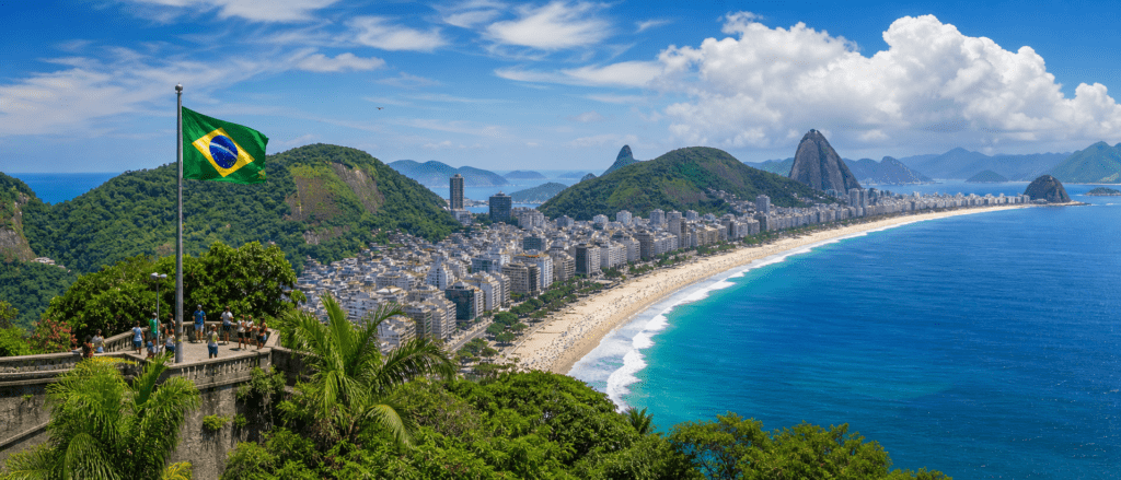Aerial view of Rio de Janeiro, Brazil, showcasing the iconic Copacabana beach, lush green mountains, and the Brazilian flag waving prominently in the foreground. The vibrant cityscape features modern buildings along the coastline, with clear blue skies and ocean waves gently lapping the shore.