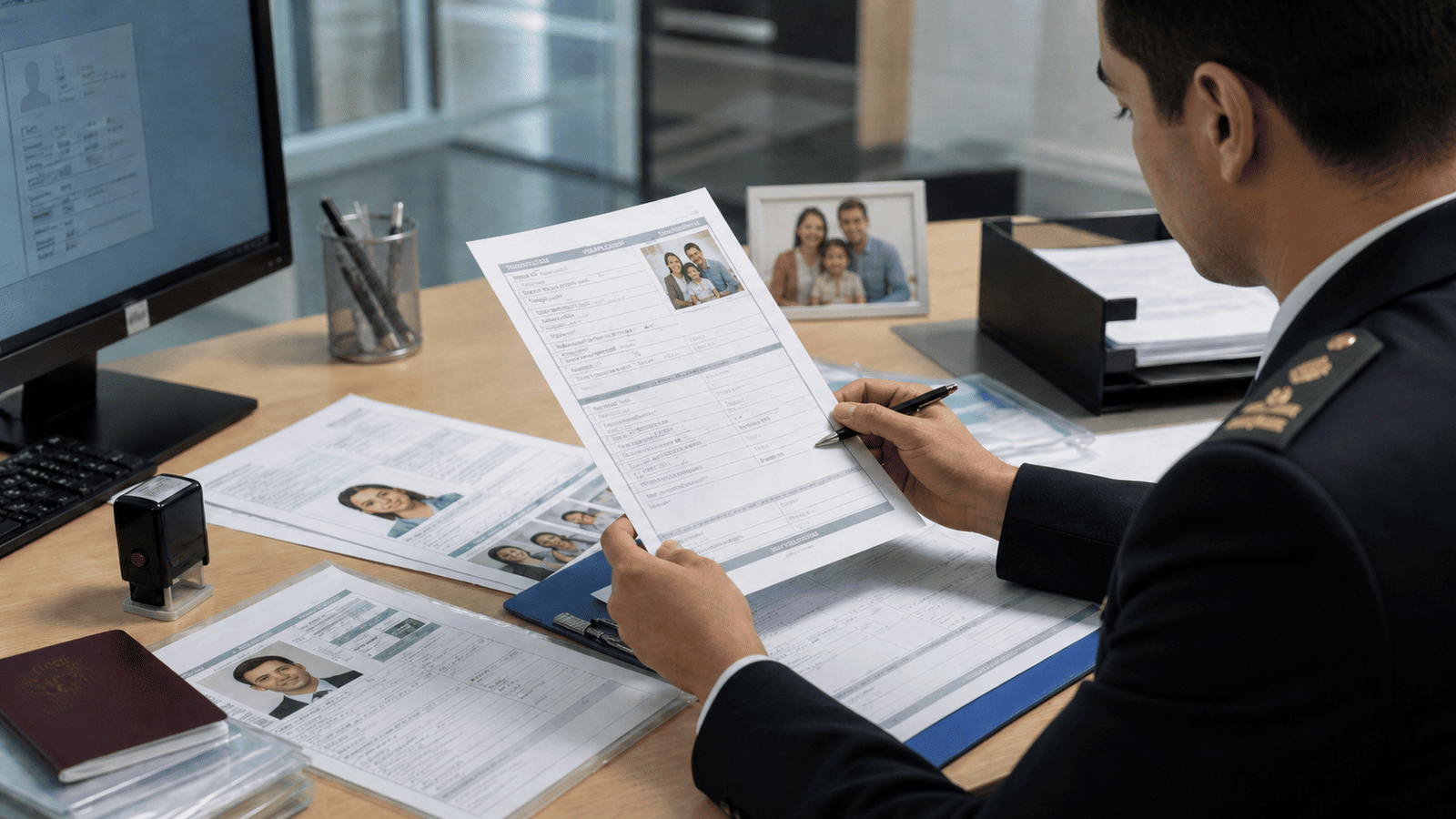 A man in a formal suit reviews application documents at a desk, holding a pen and examining forms with personal information. A computer monitor displays additional data, while a family photo and a passport are visible on the desk.