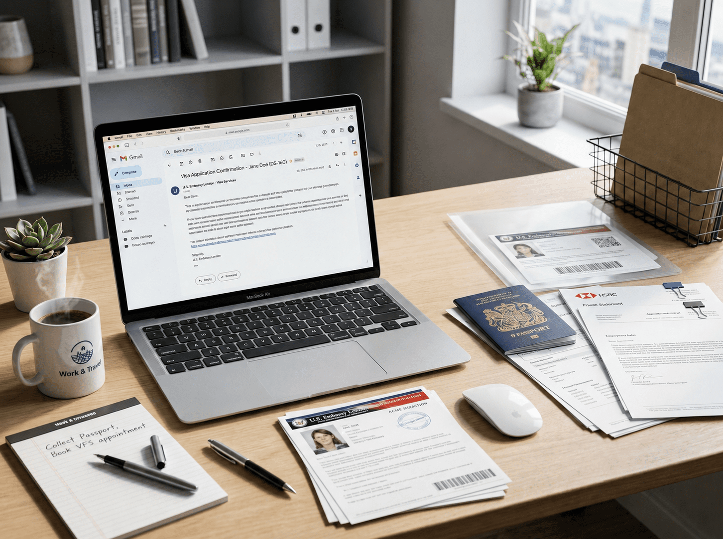 Workspace featuring a MacBook displaying a visa application confirmation email, alongside a coffee mug, notepad with a checklist, a British passport, and various documents including a U.S. Embassy form and a bank statement, all arranged on a wooden desk with a plant in the background.