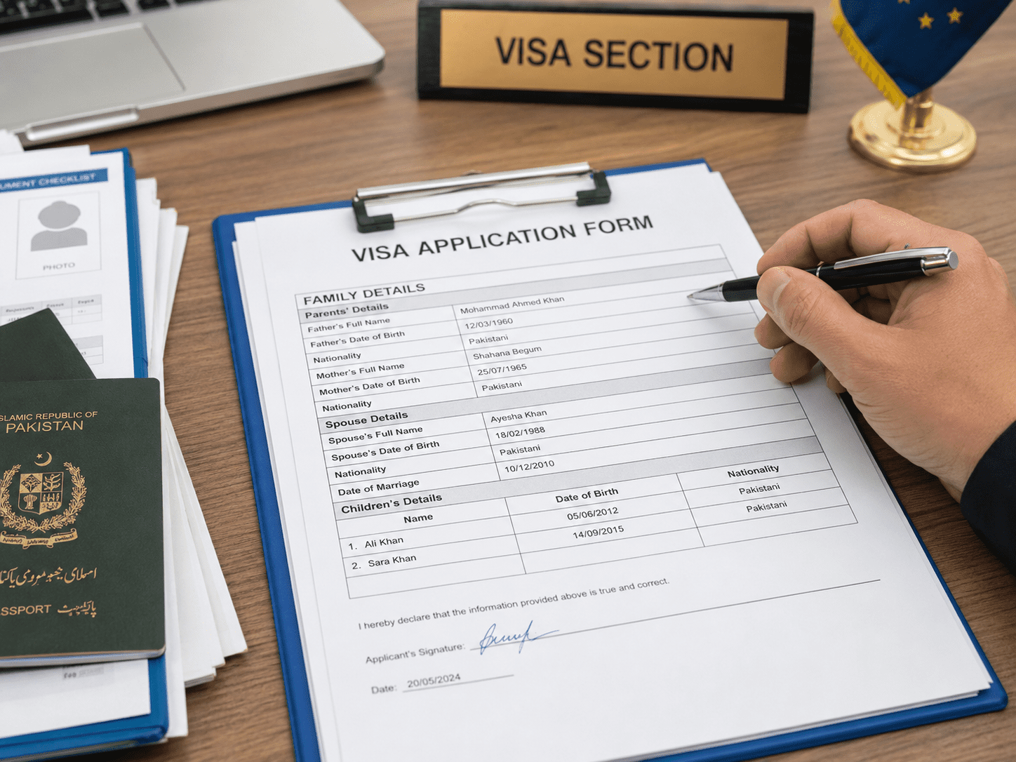 Visa application form with family details being filled out, accompanied by a Pakistani passport and a laptop, on a wooden desk with a "Visa Section" sign and a flag.