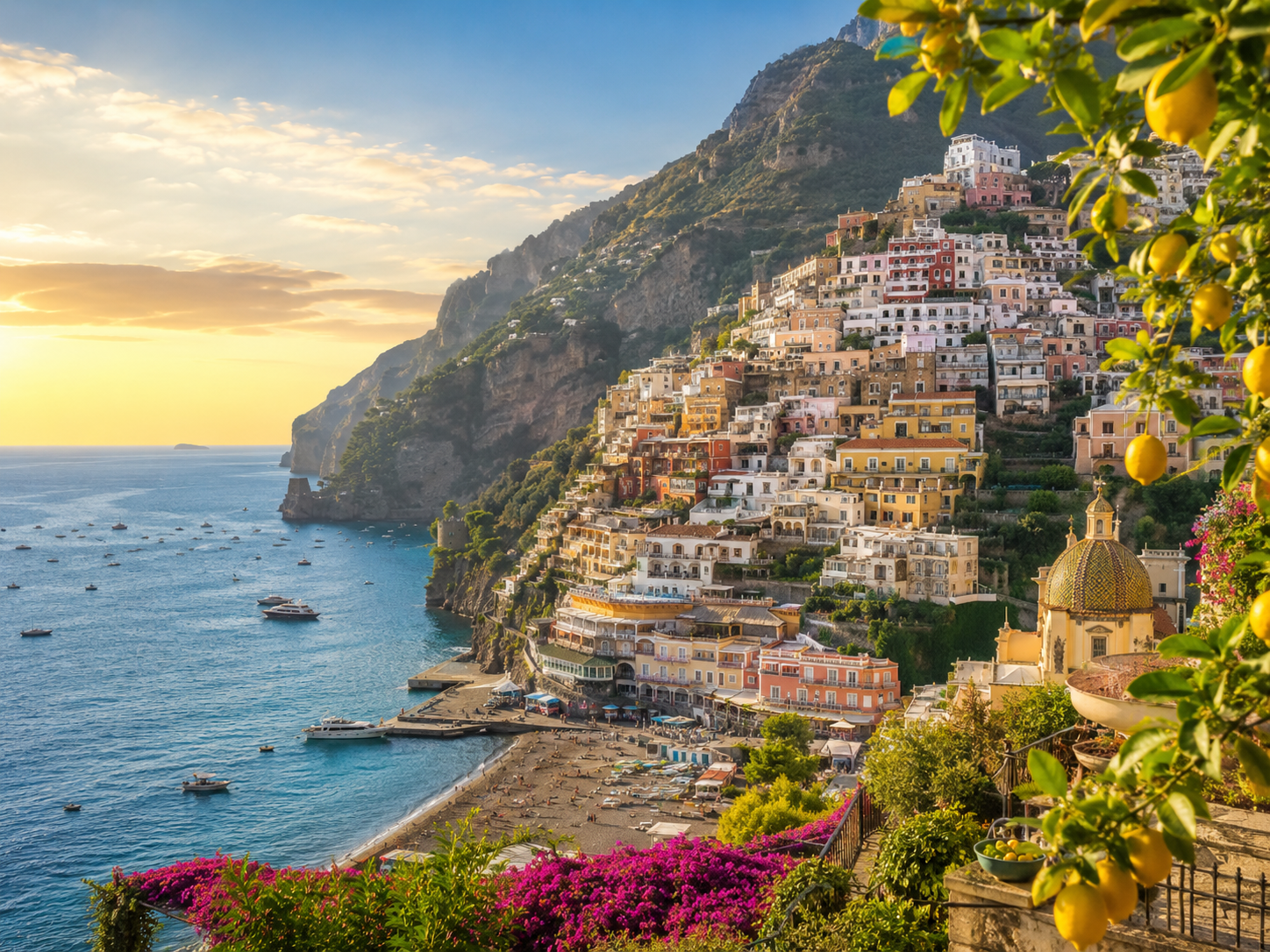 Scenic view of Positano, Italy, featuring colorful cliffside houses, a sandy beach, and boats anchored in the turquoise sea, with vibrant lemon trees and blooming bougainvillea in the foreground during sunset.