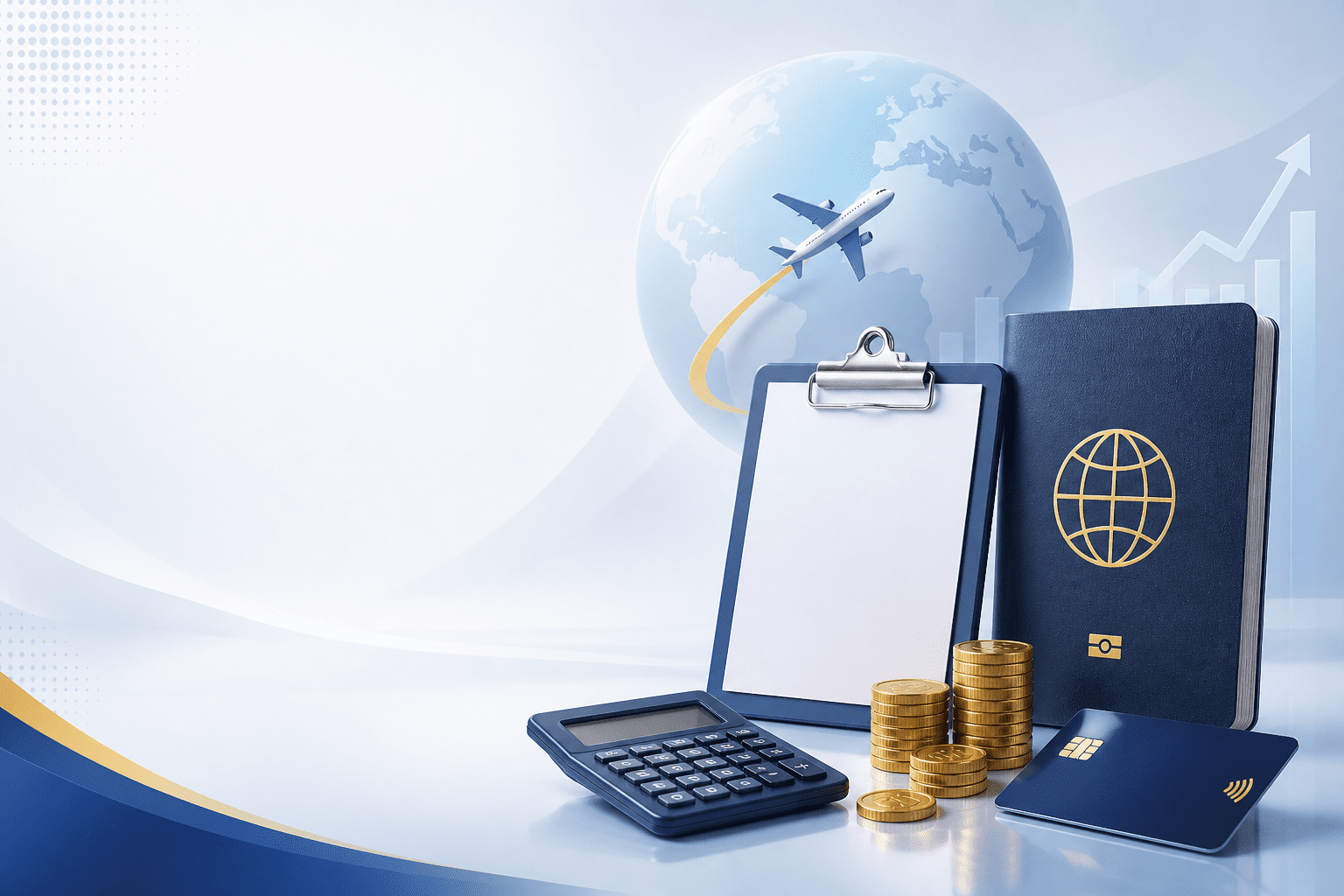 Business travel essentials including a calculator, clipboard, passport, and stacks of coins with a globe and airplane in the background, symbolizing financial planning and global travel.