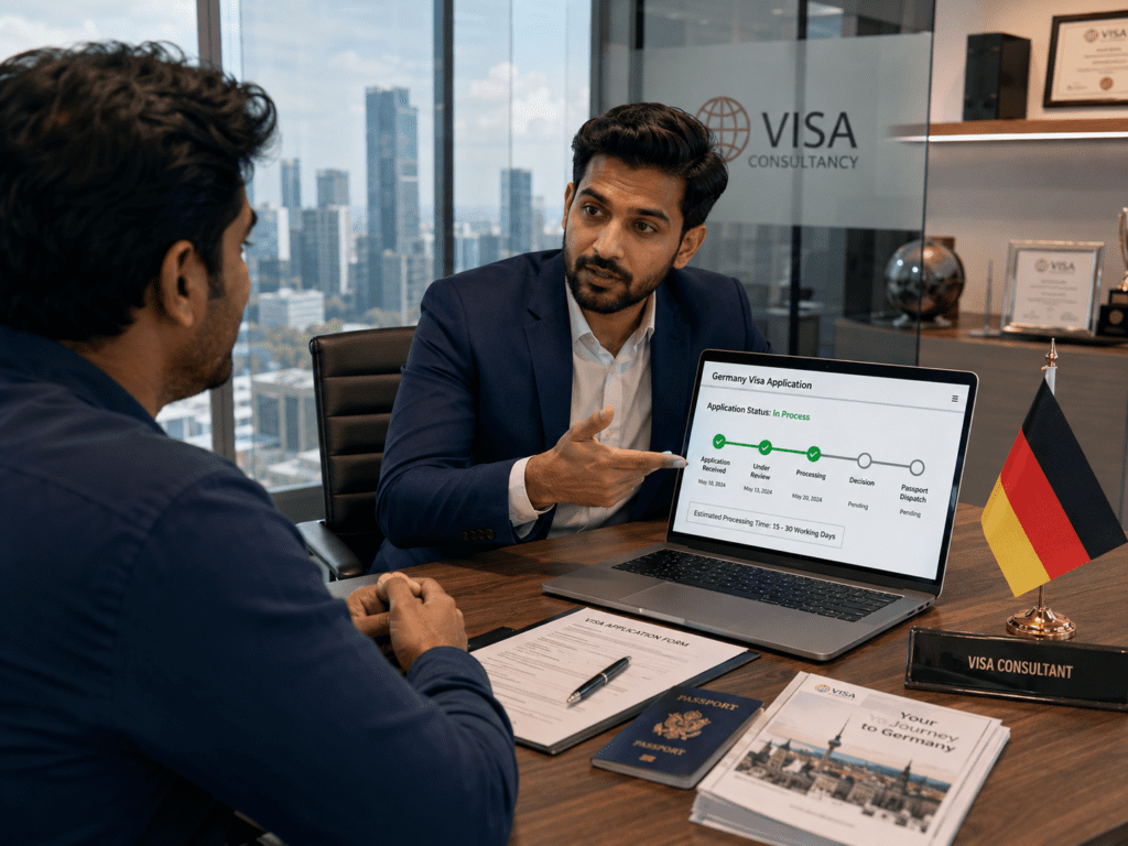 A visa consultant explains the Germany visa application process to a client, showcasing the application status on a laptop screen. The office setting features a German flag and various consultancy materials, emphasizing professional guidance for visa applicants.