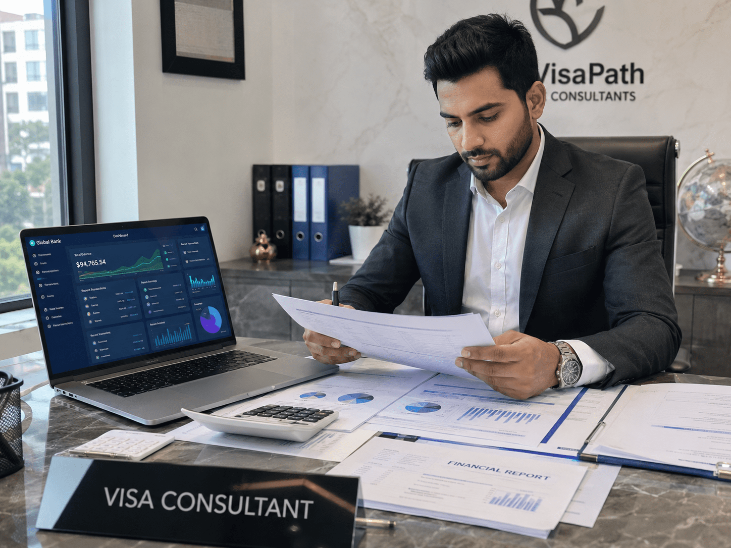 A professional visa consultant analyzing financial reports at a modern office desk, with a laptop displaying a dashboard of financial data, papers, and a calculator on the table. The background features a globe and organized office supplies, emphasizing a business environment.