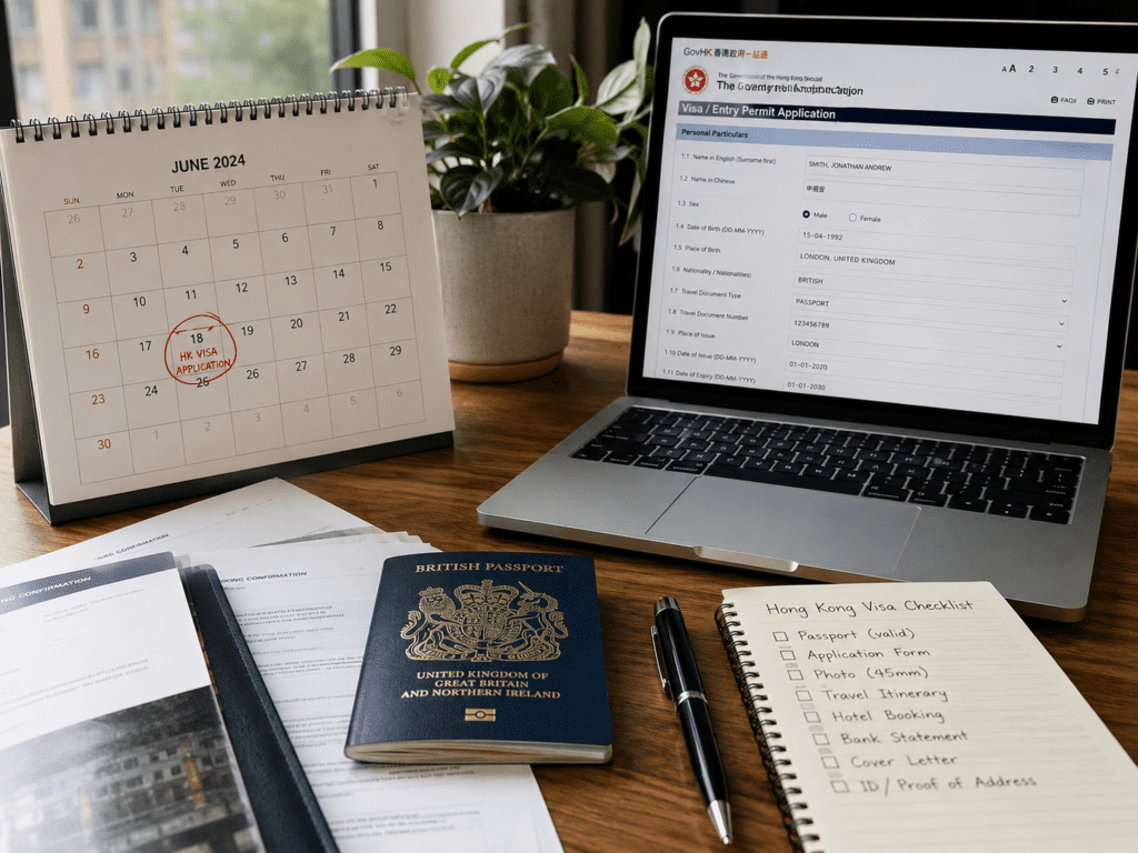 A workspace featuring a calendar marked for a Hong Kong visa application on June 18, 2024, alongside a British passport, visa application documents, and a checklist for visa requirements, displayed on a laptop screen.