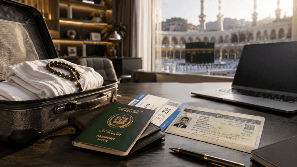 Pakistani passport, Saudi Arabian ID, and travel documents on a desk next to a suitcase with folded towels and a prayer bead, with the Kaaba and pilgrims visible outside the window.