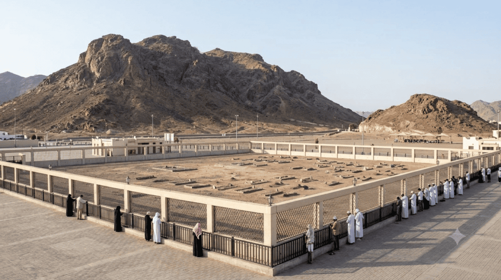 Visitors observing the graves at a cemetery surrounded by mountains, with individuals dressed in traditional attire, highlighting cultural and religious significance.