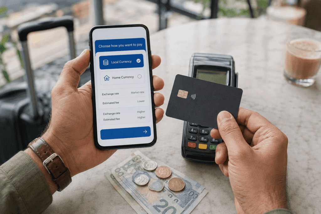 Person using a smartphone to select payment options, including local and home currency, while holding a contactless credit card next to a payment terminal and coins on a table.
