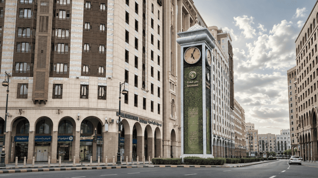 View of the iconic clock tower in Medinah, surrounded by modern buildings and shops, with a clear sky and street scene. The clock tower features intricate designs and displays the time prominently, representing a notable landmark in the area.