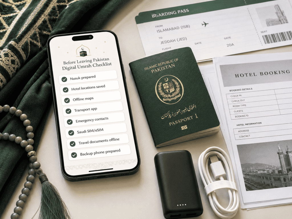 Digital Umrah checklist on a smartphone, featuring essential travel preparations for pilgrims leaving Pakistan, including Nusuk, hotel locations, offline maps, and emergency contacts. Surrounding items include a Pakistani passport, boarding pass, hotel booking details, a power bank, and charging cable, all set on a green fabric background.