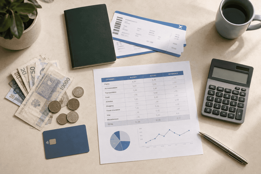Flat lay of travel budget planning materials including cash, coins, a calculator, a notebook, travel tickets, and a detailed expense report with categories like flights and accommodation, highlighting budget versus actual spending.