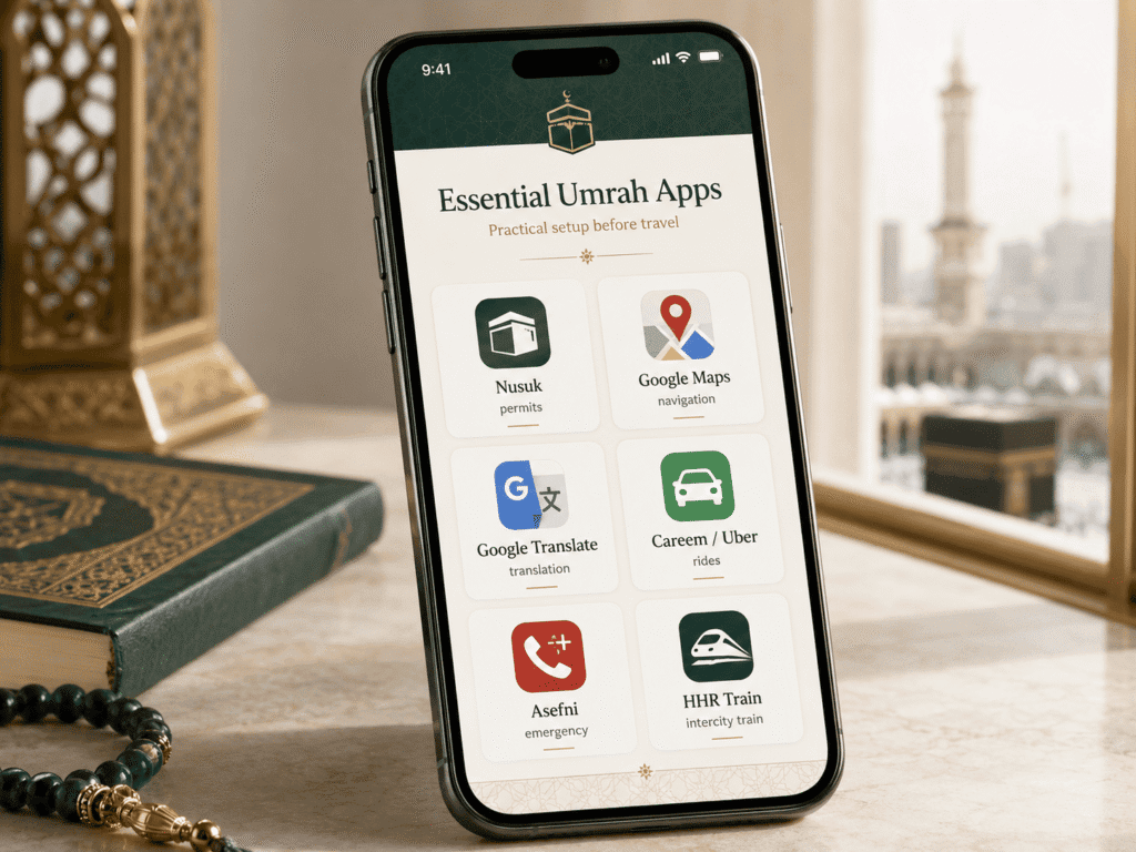 Smartphone displaying essential Umrah apps for travel preparation, including Nusuk for permits, Google Maps for navigation, Google Translate for language assistance, Careem/Uber for rides, Asefni for emergencies, and HHR Train for intercity travel, set against a decorative background.