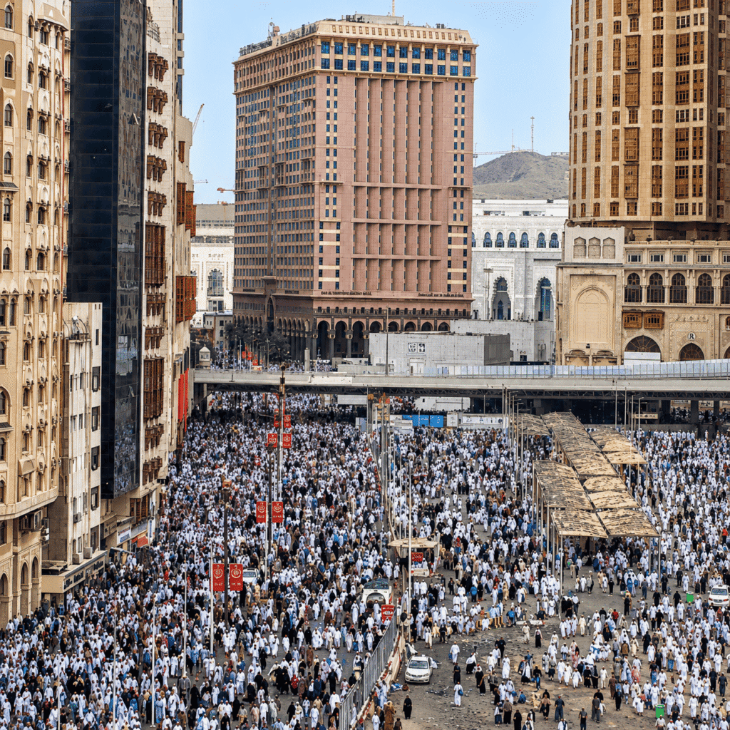 Crowd of pilgrims in white garments gathered in front of the Masjid al-Haram in Mecca, surrounded by modern buildings and shops, showcasing the bustling atmosphere during Hajj or Umrah.