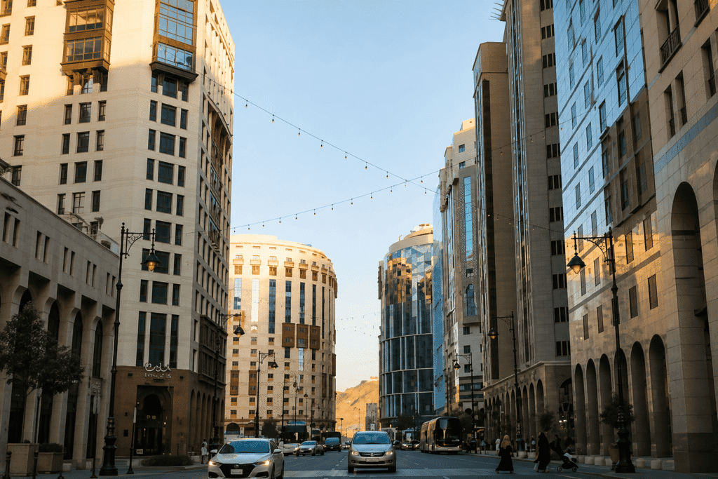 City street view featuring modern high-rise buildings, illuminated streetlights, and vehicles in motion, with a clear blue sky above and pedestrians walking along the sidewalks.