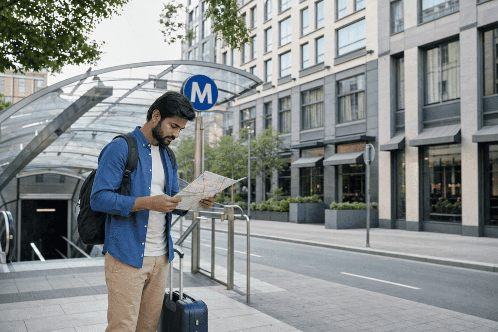 Young man standing at a city metro station, holding a map and looking thoughtful, with a suitcase beside him and modern buildings in the background.