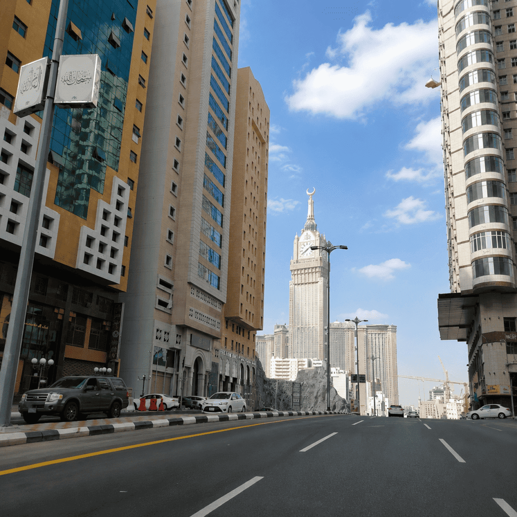 City street view featuring the iconic Abraj Al Bait Clock Tower in Mecca, Saudi Arabia, surrounded by modern buildings and a clear blue sky.