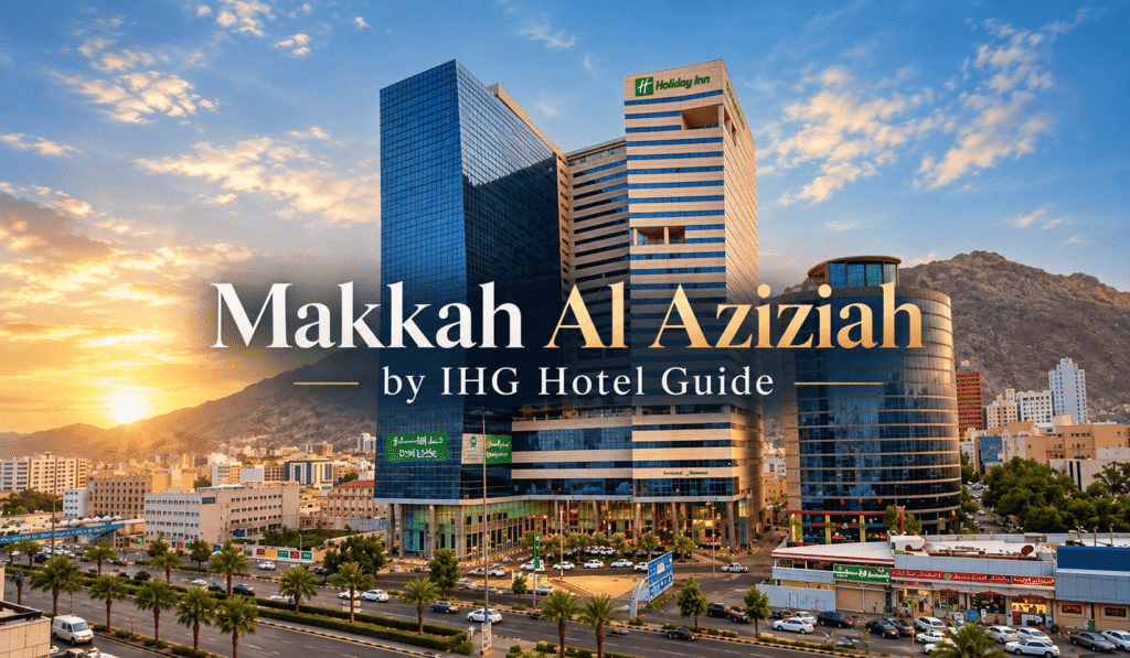 Modern skyline of Makkah Al Aziziah featuring IHG hotels, including the Holiday Inn, set against a scenic sunset backdrop. The image captures the vibrant urban landscape with palm trees and bustling streets, highlighting the area's appeal for travelers.