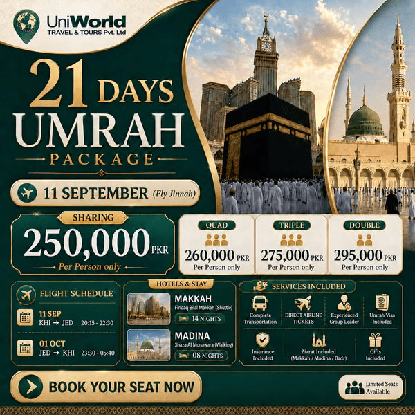 21 days Umrah package advertisement featuring flight details, accommodation options, and pricing in Pakistani Rupees (PKR). Includes information on shared, triple, quadruple, and double occupancy rates, along with services like complete transportation and direct airline tickets. Booking details and a call to action are also highlighted.