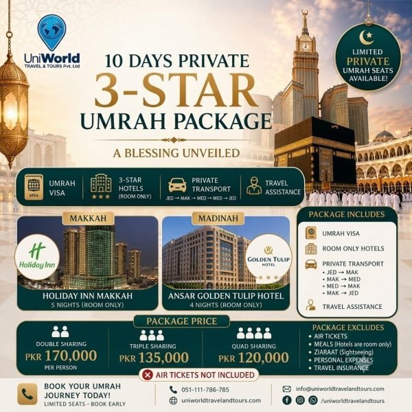 Alt text: Promotional image for a 10-day private 3-star Umrah package by UniWorld Travel & Tours. Features details on accommodations in Makkah and Madinah, including Holiday Inn Makkah and Golden Tulip Hotel, along with package prices for double, triple, and quad sharing. Highlights include Umrah visa, private transport, and travel assistance. Contact information and booking instructions are also provided.