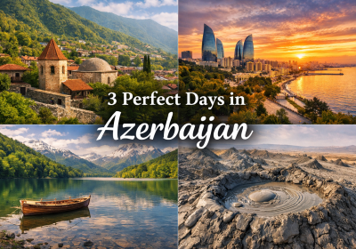 Scenic collage showcasing Azerbaijan's diverse landscapes: a historic stone church in the mountains, a tranquil lake with a wooden boat, a vibrant city skyline at sunset, and unique mud volcanoes. Ideal for travelers exploring three perfect days in Azerbaijan.