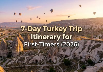 Breathtaking view of Cappadocia, Turkey, featuring hot air balloons soaring over unique rock formations at sunrise, highlighting a 7-day travel itinerary for first-time visitors in 2026.