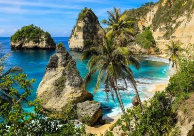 Beautiful diamond beach. View of nice tropical beach with palms trees. Holiday and vacation concept.